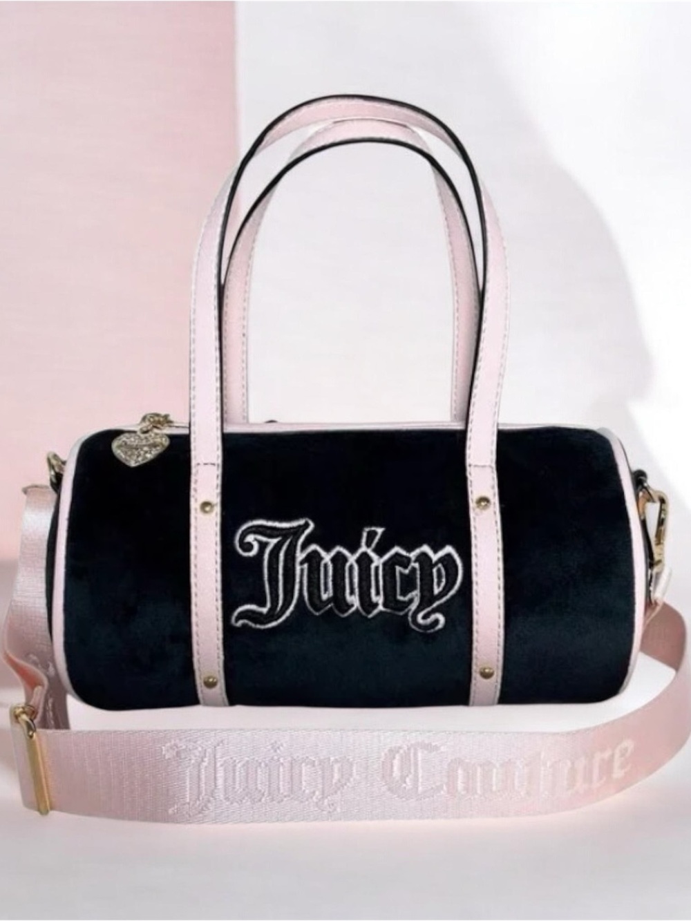Juicy Couture Black Velvet Barrel Bag with Pink Trim